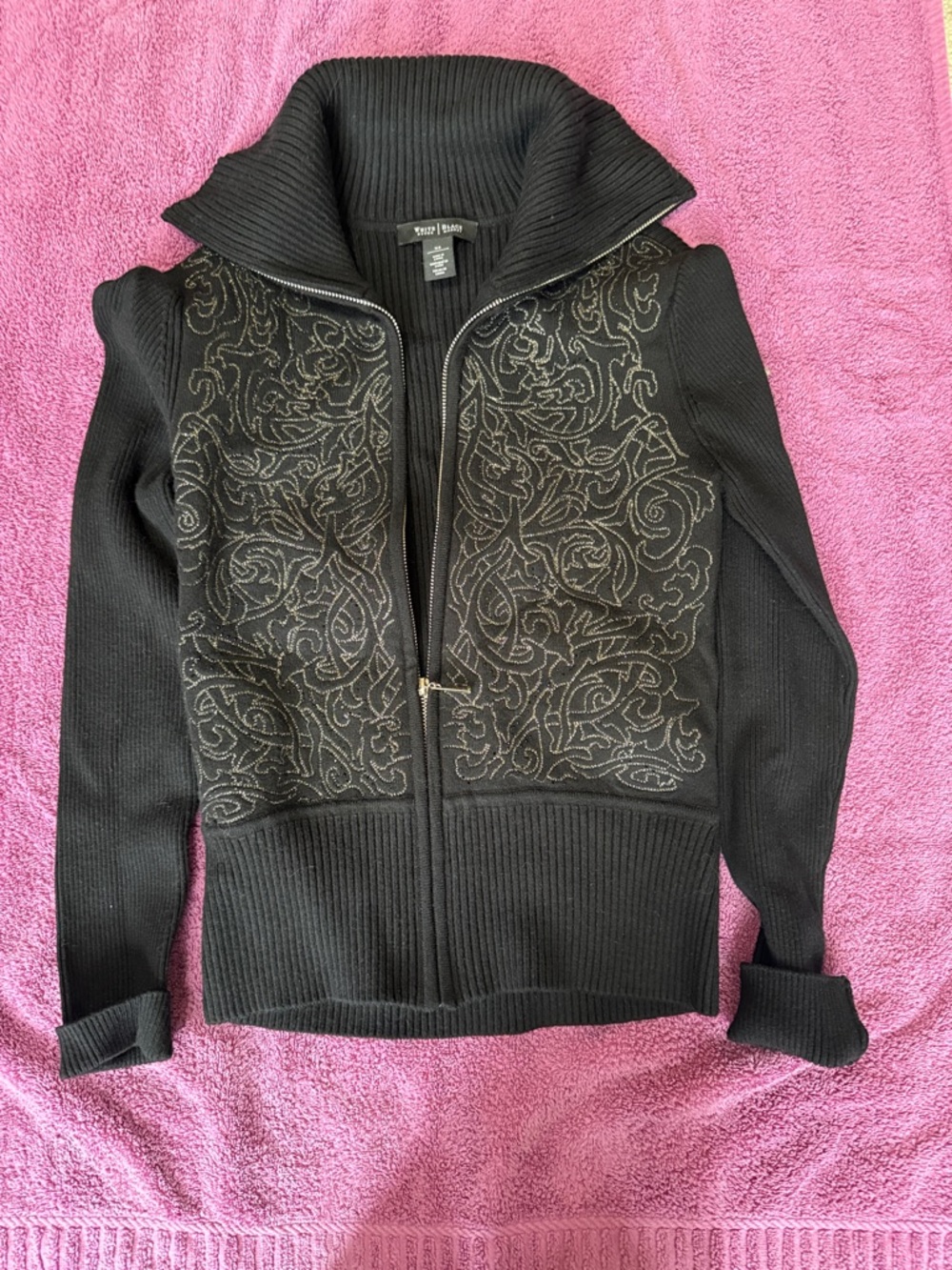 White House Black Market Black Zip Front Embroidered Cardigan